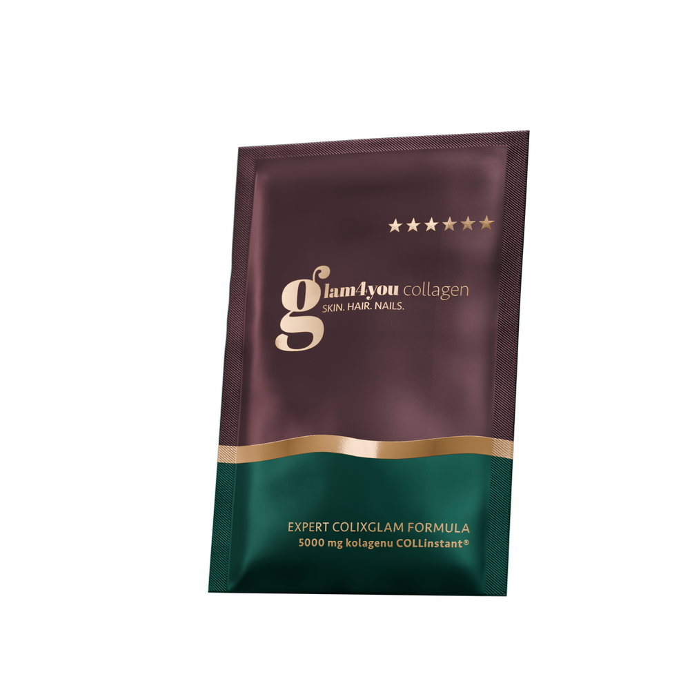 Produktu Glam4you, pojedyncza saszetka kolagenu w proszku, o smaku karmelowym